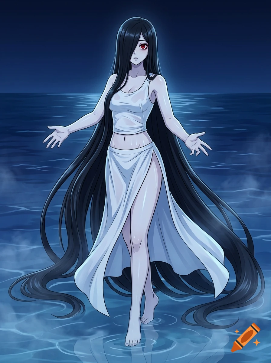 Anime style illustration of a pale ghost woman with long black hair standing in waist deep water at a midnight beach.