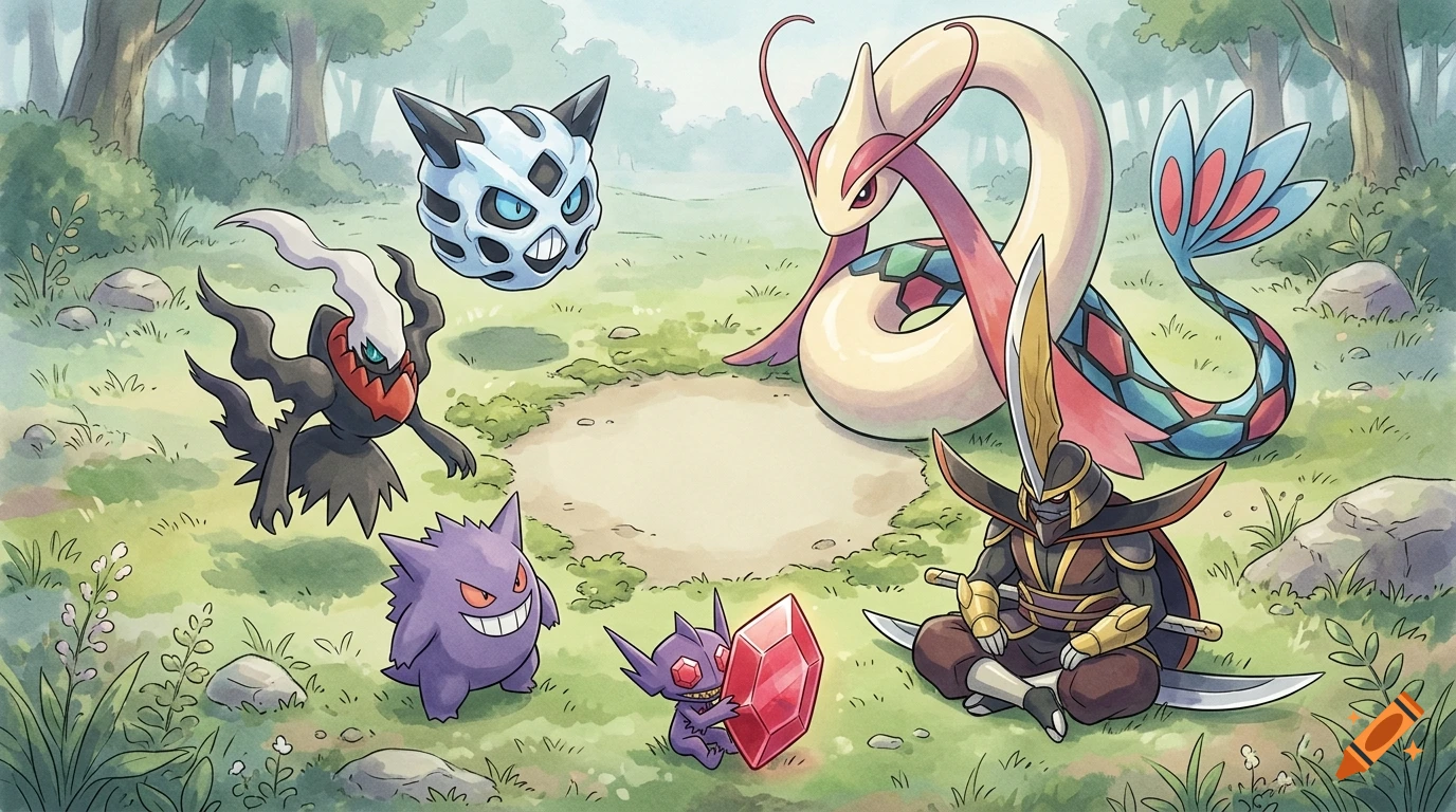 Group of six Pokemon surrounding an empty circle in a grassy forest clearing, Ghibli watercolor anime style.