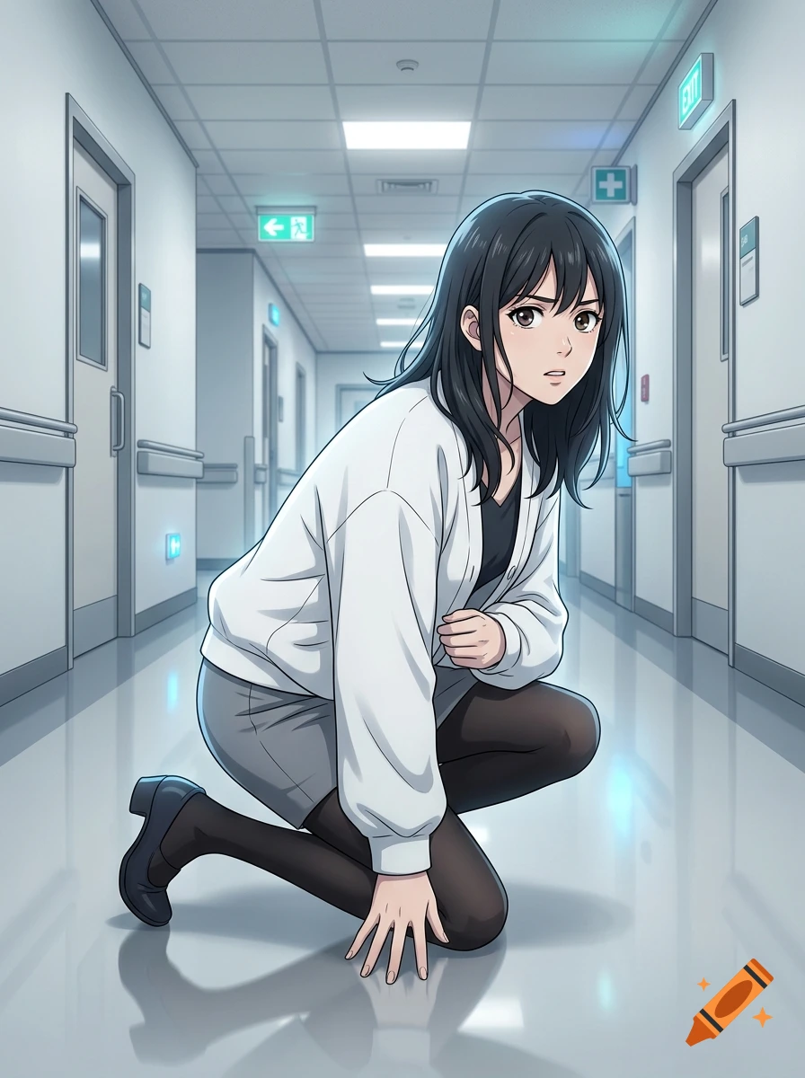 Anime style illustration of a young woman with dark hair kneeling in a hospital hallway.