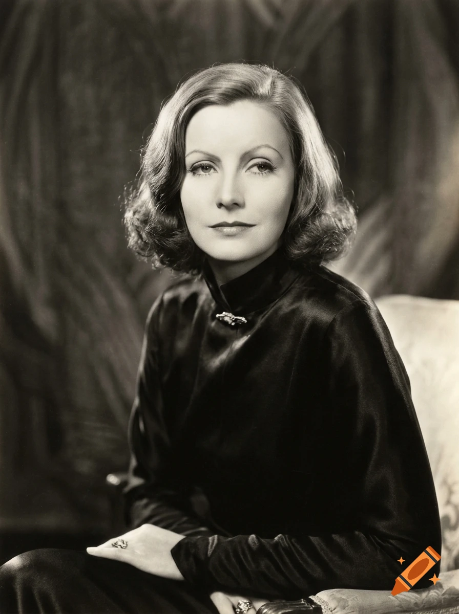 Black and white studio portrait of actress Greta Garbo in a dark silk blouse.
