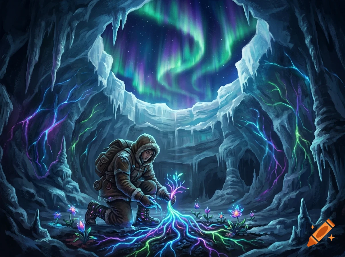An explorer in winter clothing kneels in an icy cave, examining glowing neon roots and flowers beneath an opening showing an aurora borealis.