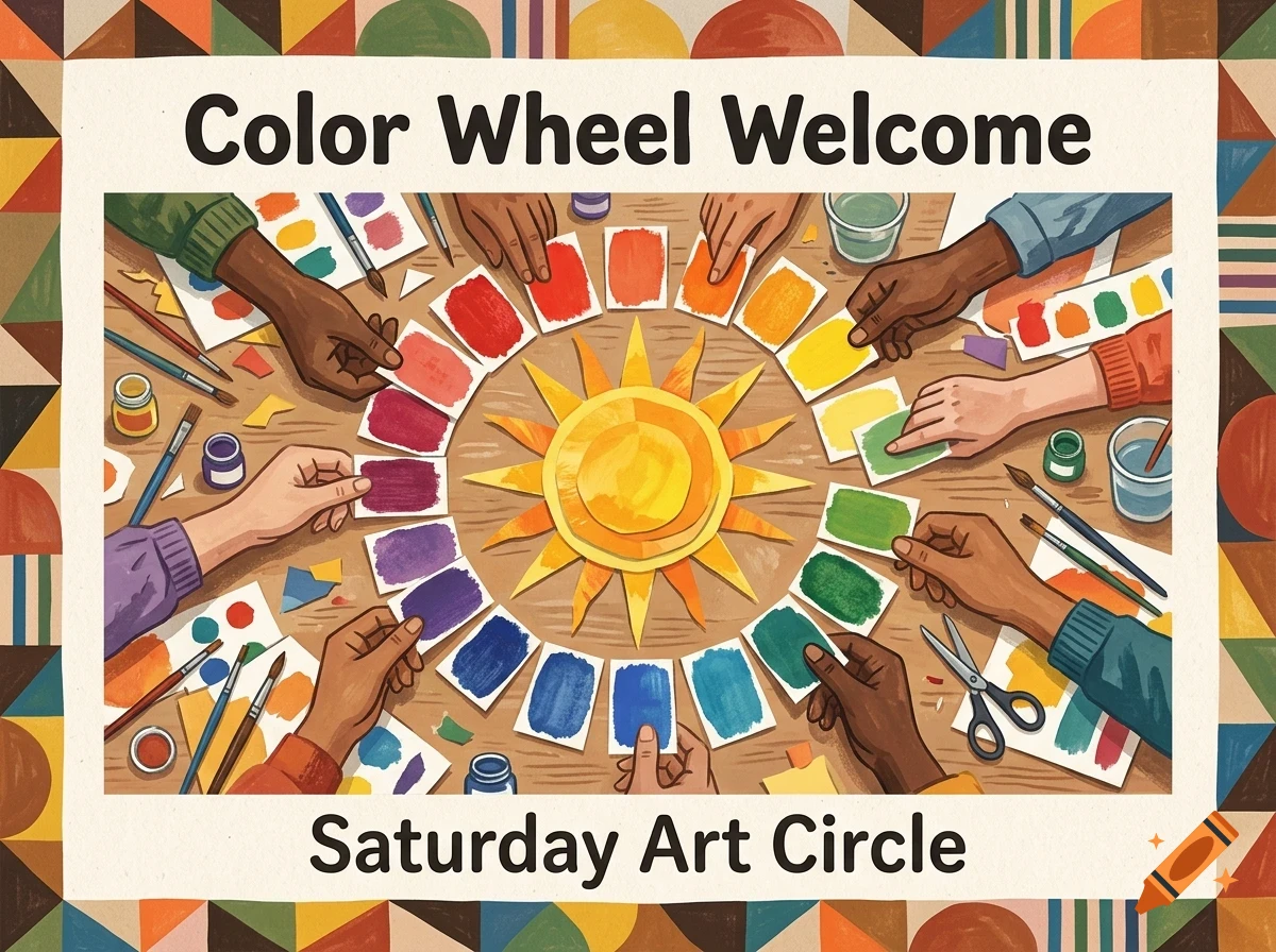 An illustrated top-down view shows multiple hands surrounding a central sun paper craft, arranging colorful paint swatches in a circle with art supplies nearby and text reading Color Wheel Welcome Saturday Art Circle.