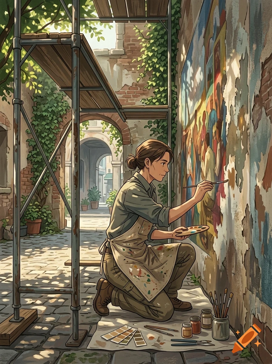 An artist kneeling on scaffolding paints a mural on a weathered wall in a stone alley.