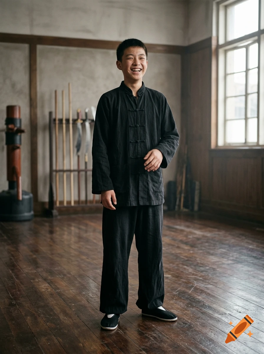 Full-body photograph of a smiling young man in a black traditional kung fu uniform standing inside a training room.