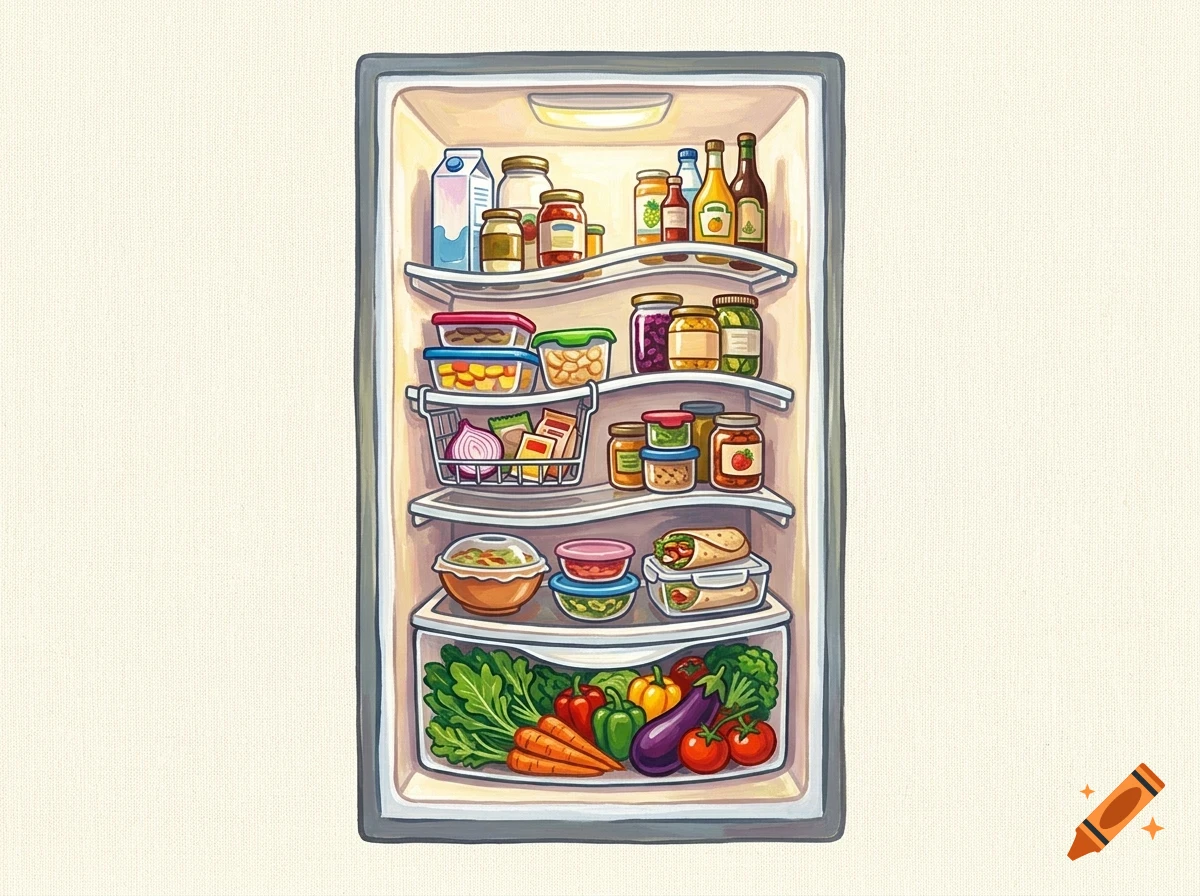 An open refrigerator filled with various foods, drinks, jars, containers, and fresh vegetables.