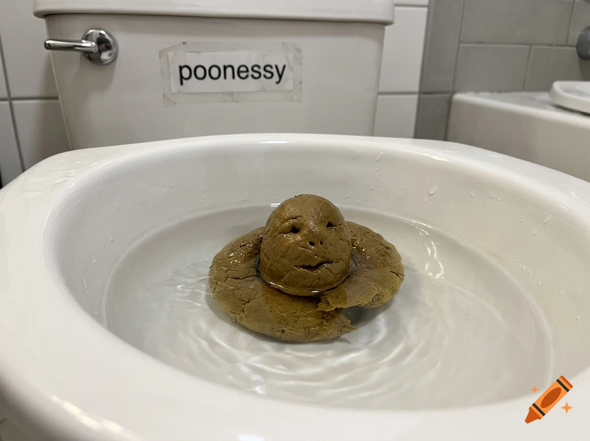 Photorealistic image of a coiled piece of poop with a face sticking out of the water in a white toilet bowl, with a label reading poonessy on the tank.