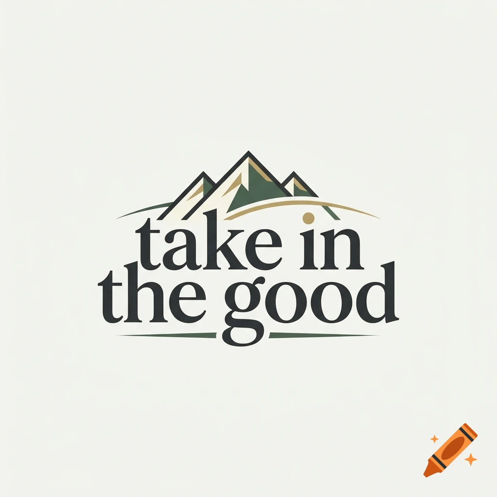 Logo with mountain graphics and the text "take in the good" in a modern, sophisticated style.