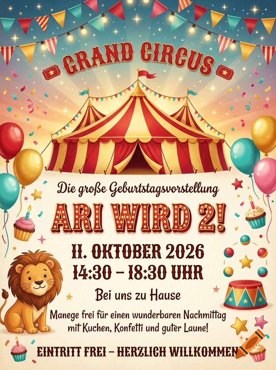Circus themed birthday party invitation poster with a big top tent, balloons, and a cute lion illustration.