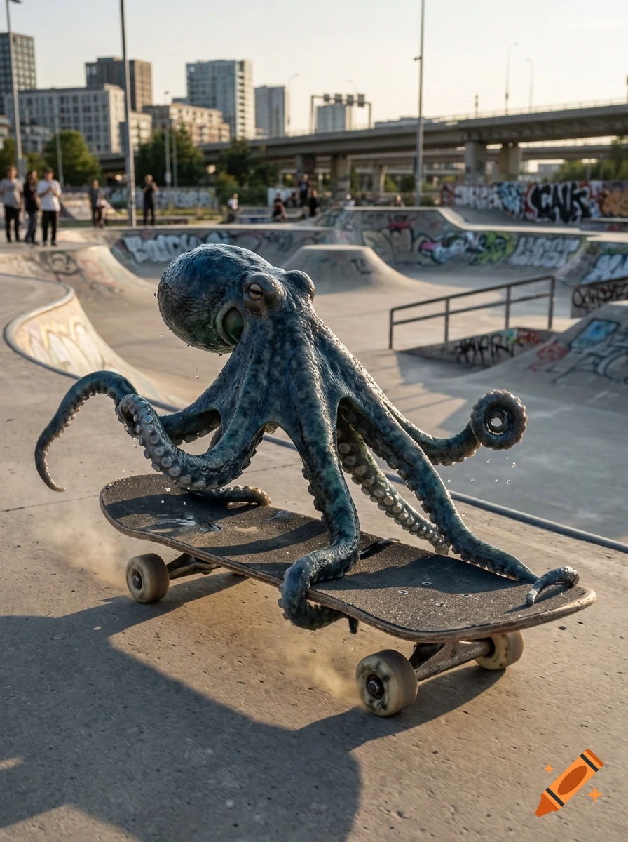 Photorealistic image of a blue octopus riding a skateboard in a concrete skatepark during sunset.