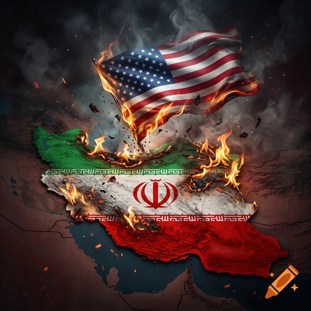 An American flag burns above a map of Iran painted with the Iranian flag, surrounded by fire, smoke, and embers.
