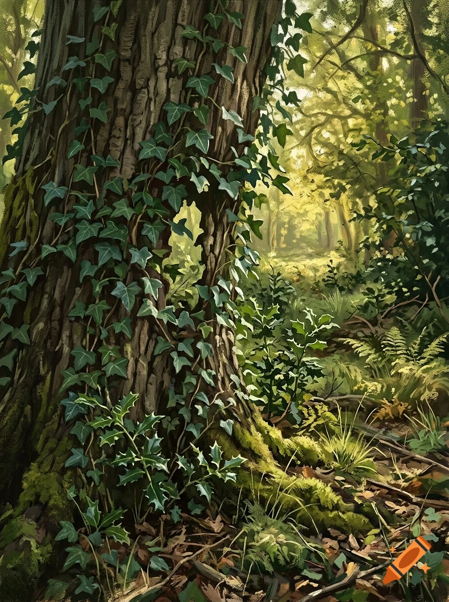 A large tree trunk covered in ivy vines in a sunlit forest.