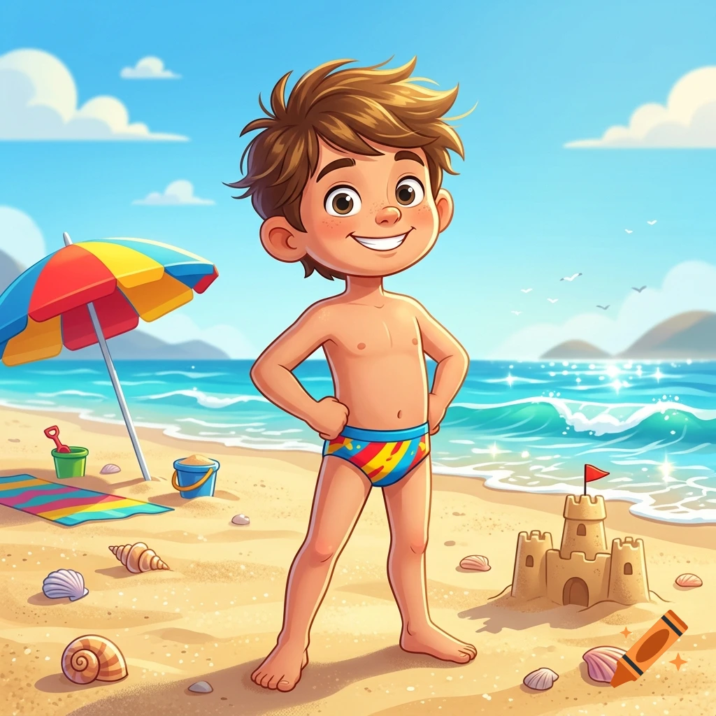 Digital cartoon illustration of a smiling boy standing on a sunny beach with an umbrella and sandcastle.
