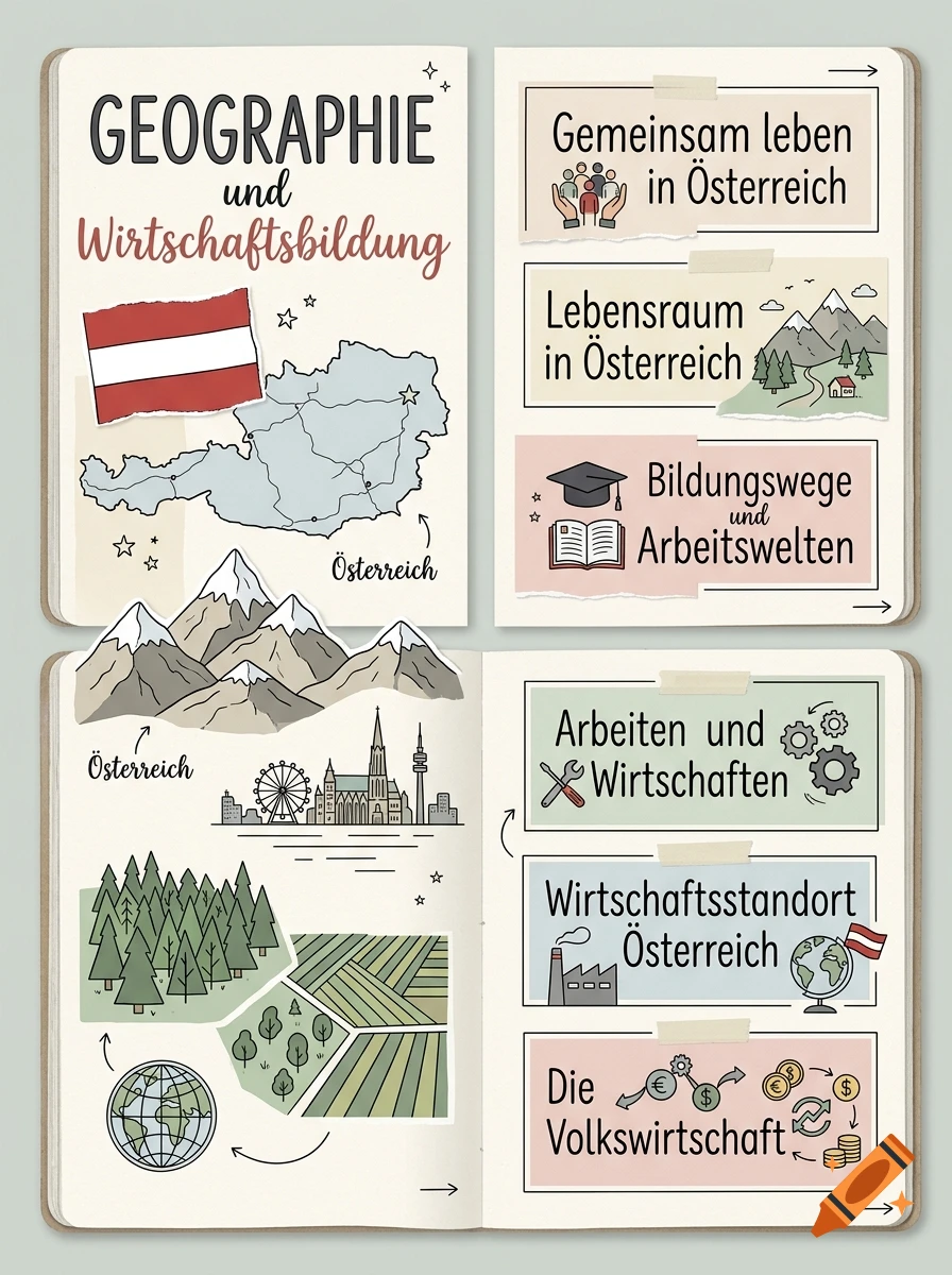 Illustrated notebook pages and collages for geography and economics education with maps of Austria and icons.