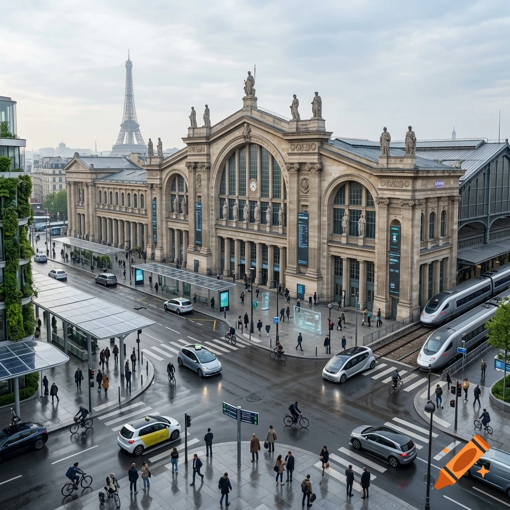 Photorealistic futuristic view of Gare du Nord in Paris with autonomous cars and sleek modern trains on a rainy day.