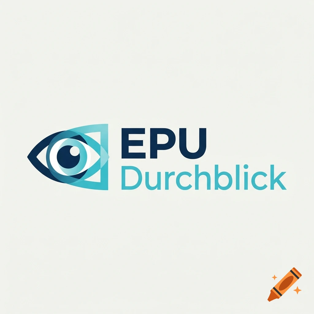 Minimalist logo featuring a stylized blue eye graphic alongside the text 'EPU Durchblick' on a light background.