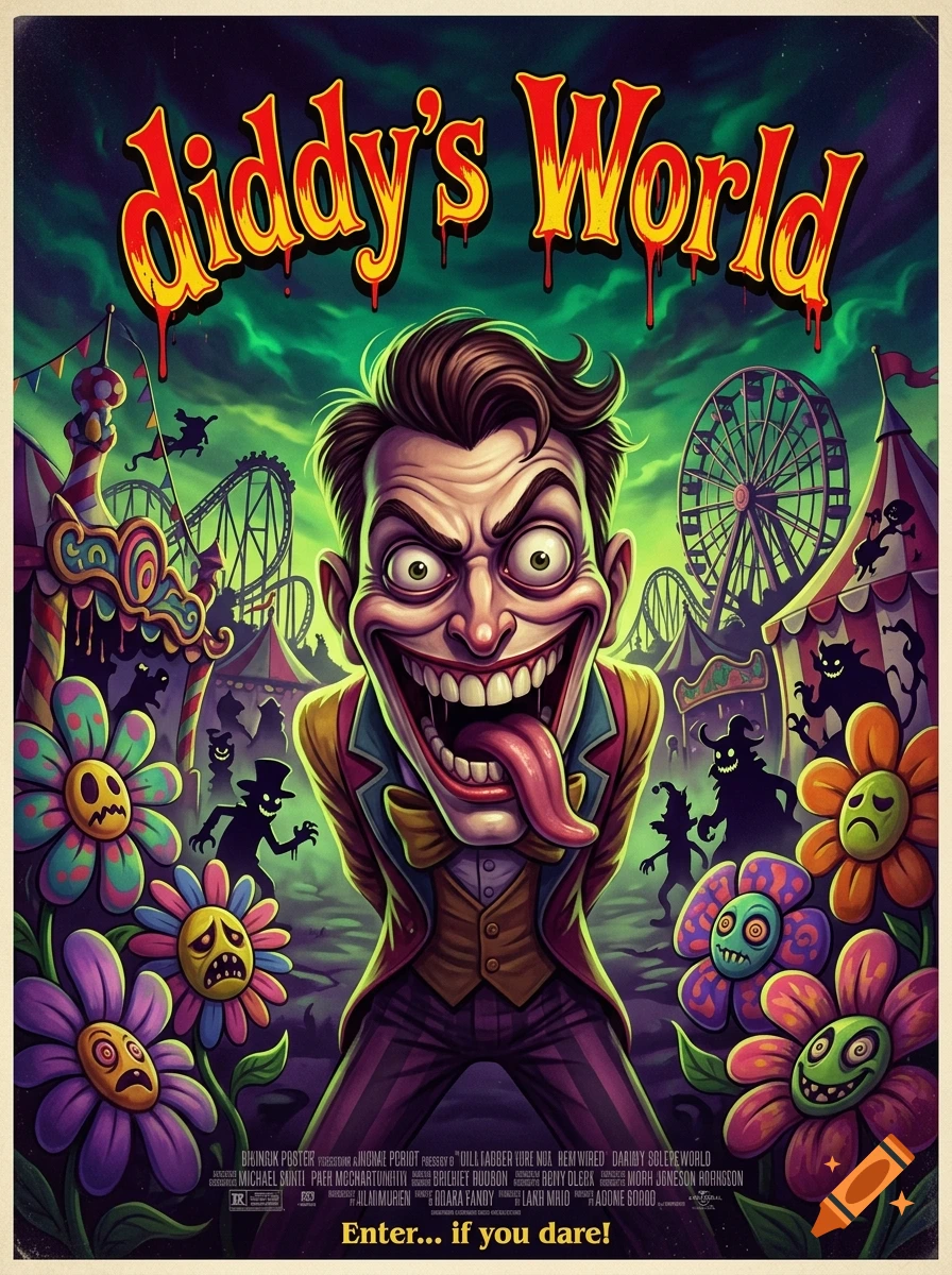 Horror poster featuring a manic, grinning jester with his tongue out in a creepy carnival setting, with bold title text.