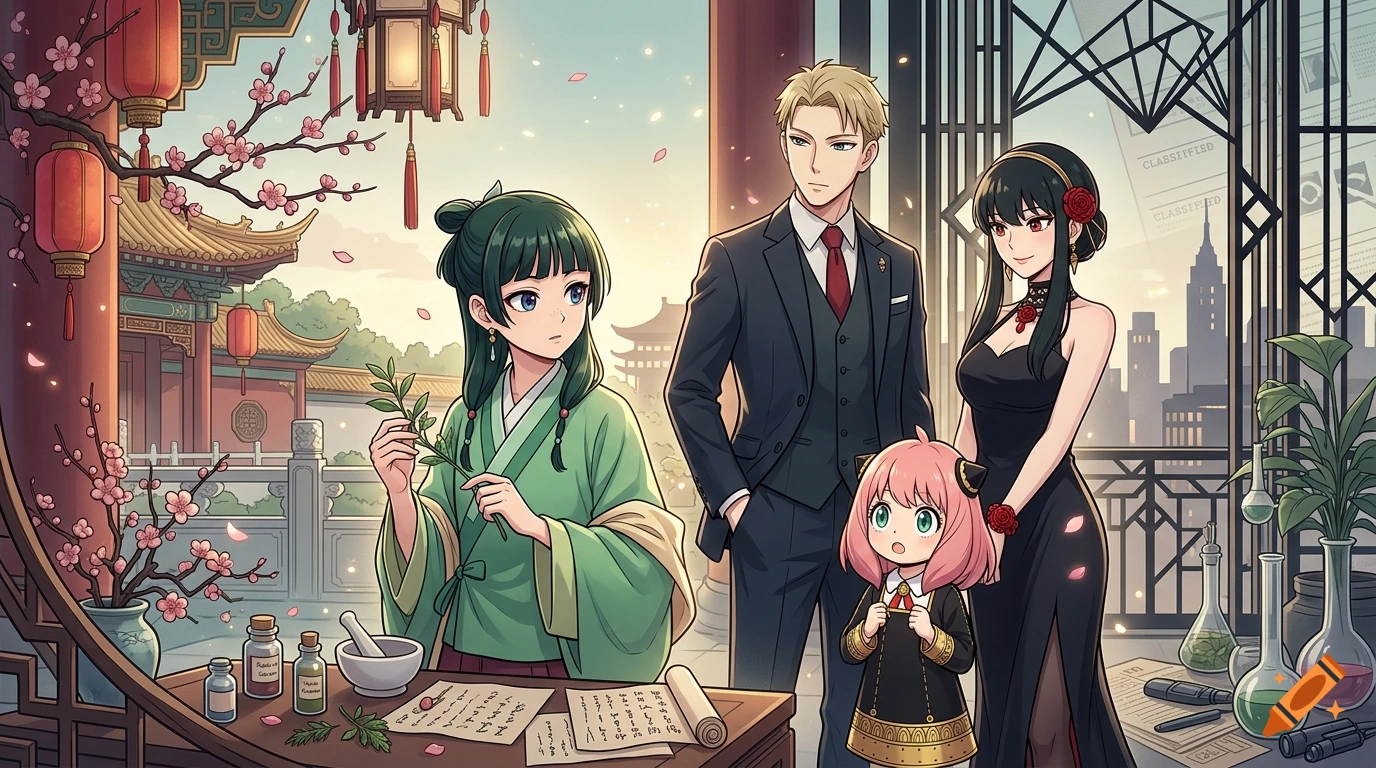 Anime crossover desktop wallpaper featuring characters from The Apothecary Diaries and Spy x Family in a traditional setting.