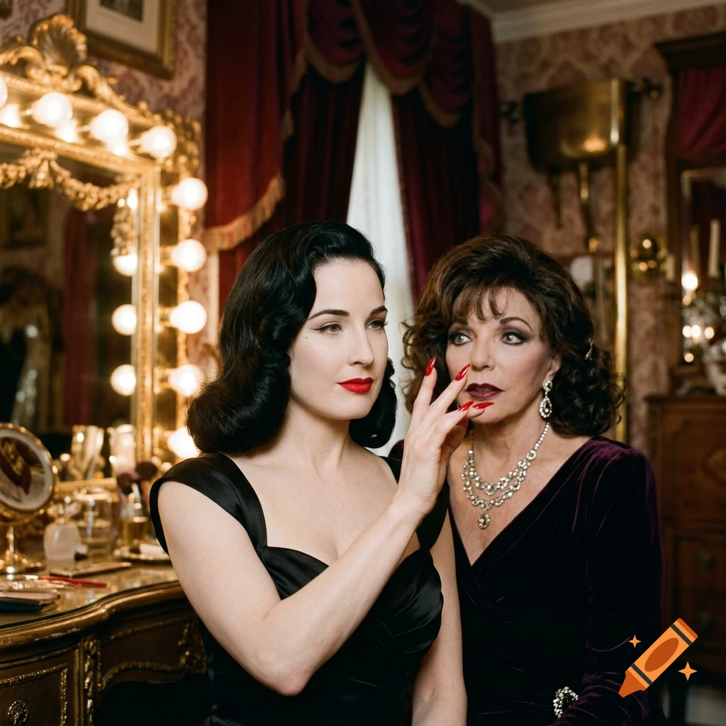Photorealistic portrait of Dita Von Teese in a black dress with red lipstick and sharp red nails, hypnotizing Joan Collins in a vintage dressing room.