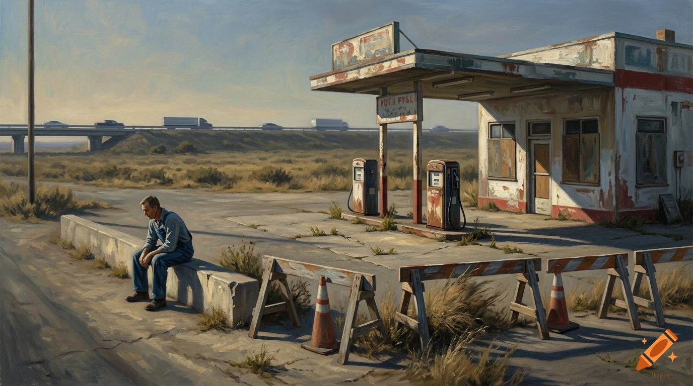 An oil painting in Edward Hopper style of a lonely man in blue overalls sitting on a concrete barrier before an abandoned gas station.