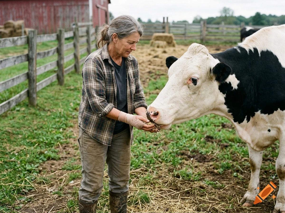 Photorealistic image of a middle-aged female farmer feeding a black and white cow on a farm with a red barn in the background.