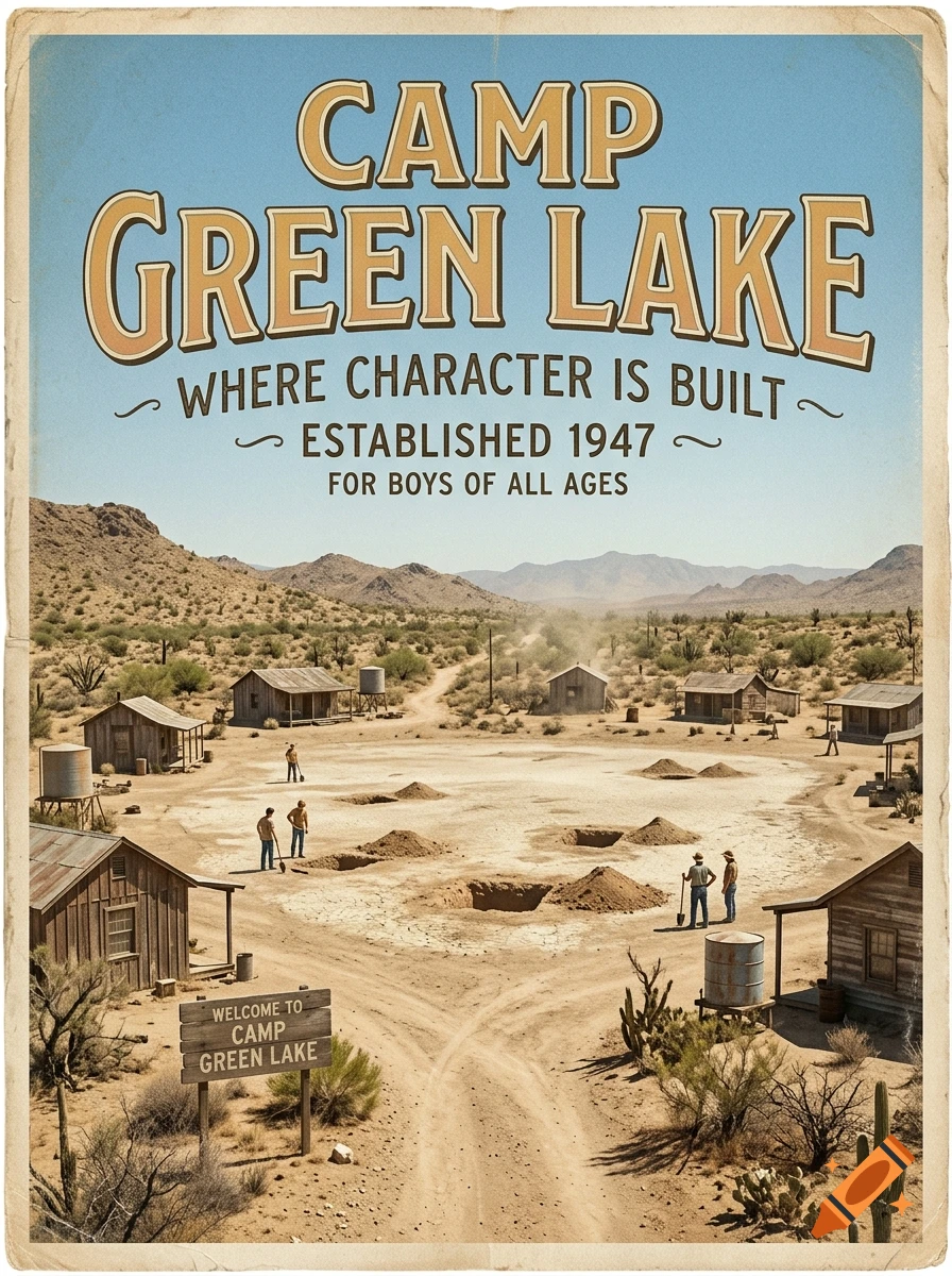 Vintage style poster of Camp Green Lake in a dry desert landscape with rustic wooden cabins and people digging holes.