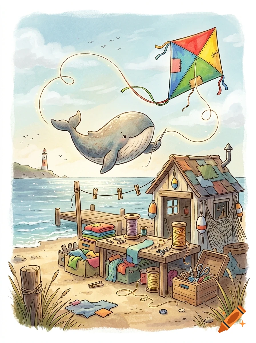 A whimsical watercolor illustration of a flying whale holding a needle and sewing a colorful kite in the sky above a coastal workshop with spools of thread and fabric.