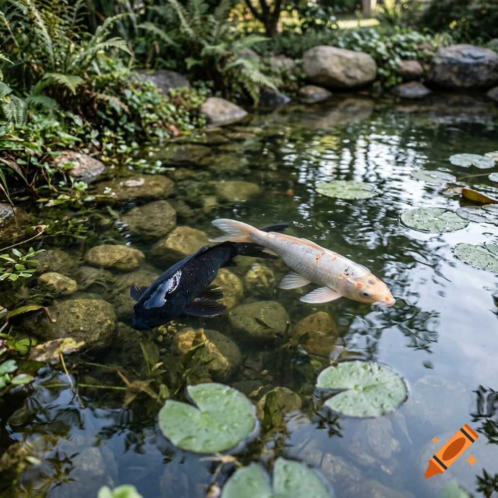 A clear pond with a black koi and a white-orange koi swimming among rocks and lily pads, photorealistic.