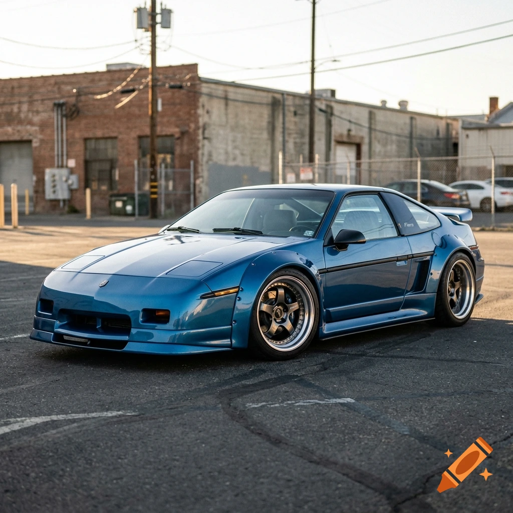 Photorealistic image of a modified blue Pontiac Fiero with a widebody kit parked in an industrial area.