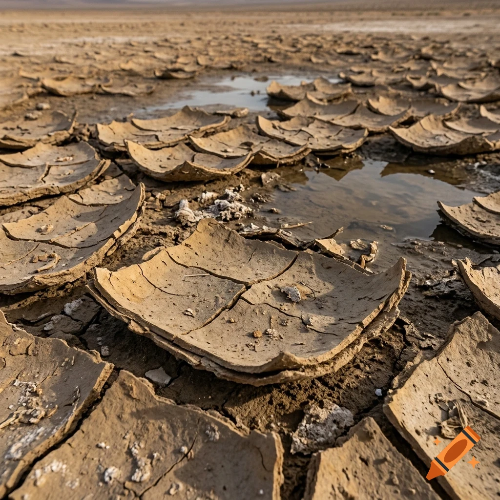 Cracked and curled dry mud plates in a dried-up bed with small puddles of water.