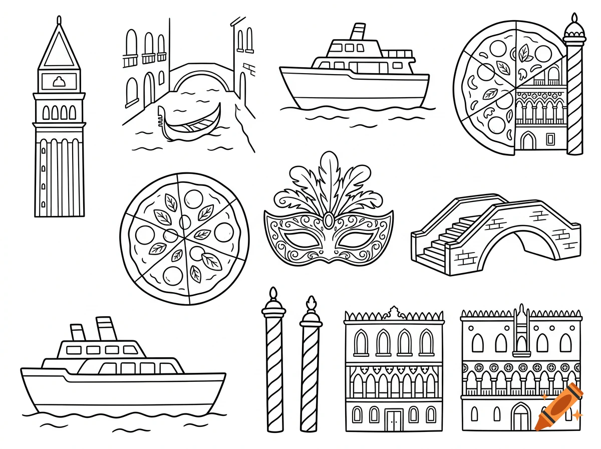 Black and white line art coloring page collage featuring Venice landmarks, gondolas, pizza, and carnival masks.