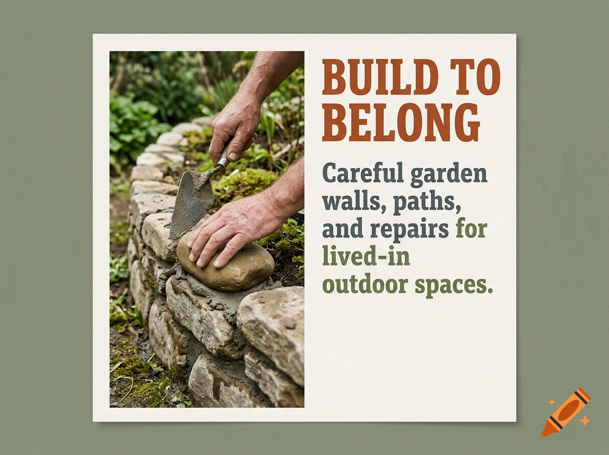 A person uses a trowel to build a stone garden wall, alongside text that reads BUILD TO BELONG.