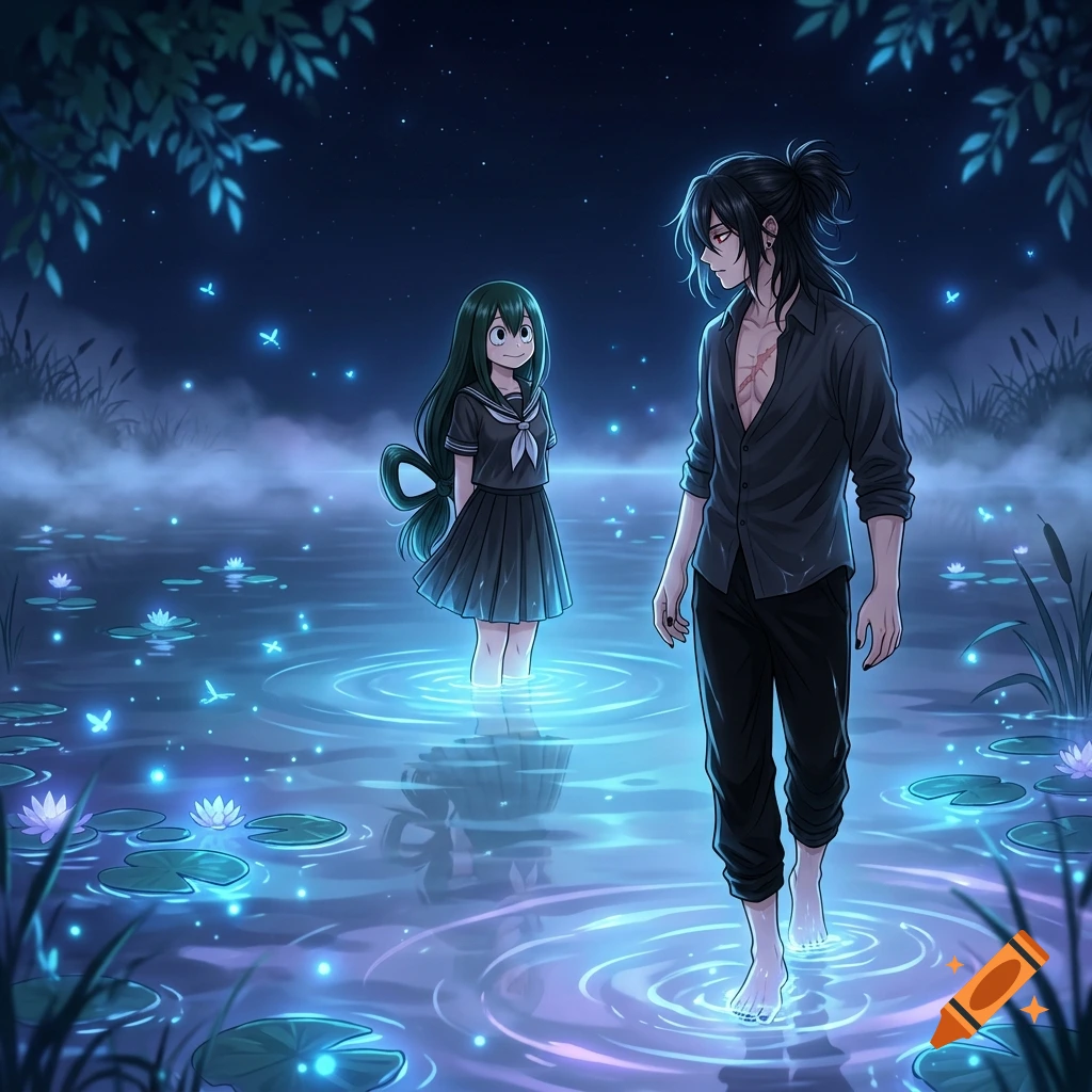 Anime illustration of a dark-haired man and a green-haired girl standing in a glowing bioluminescent blue lake at night.