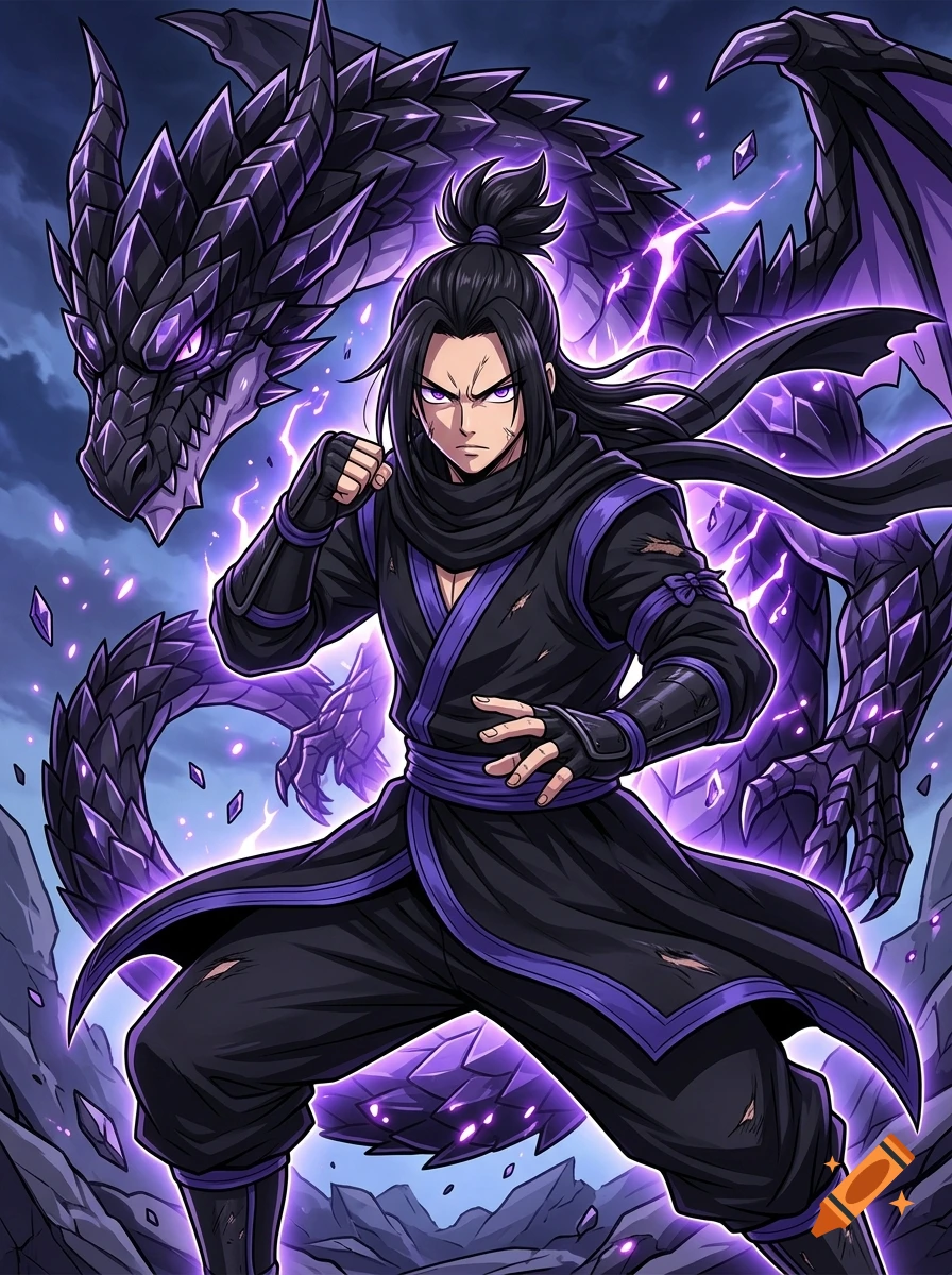 Anime style illustration of a male martial artist in a black combat gi with purple trim, posing with a large black crystal dragon in the background.