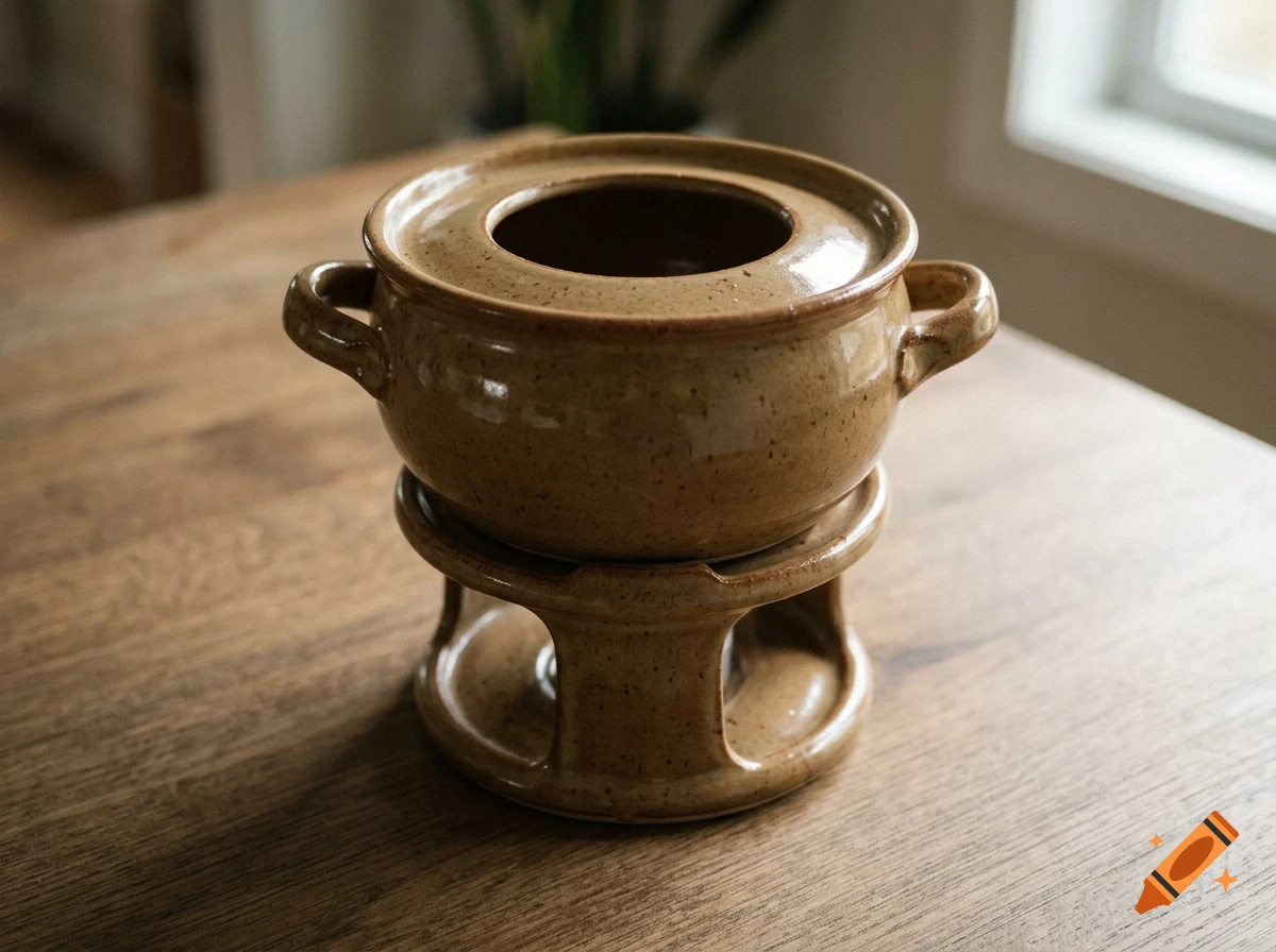 A brown speckled ceramic fondue pot with handles sits on a matching stand on a wooden table.