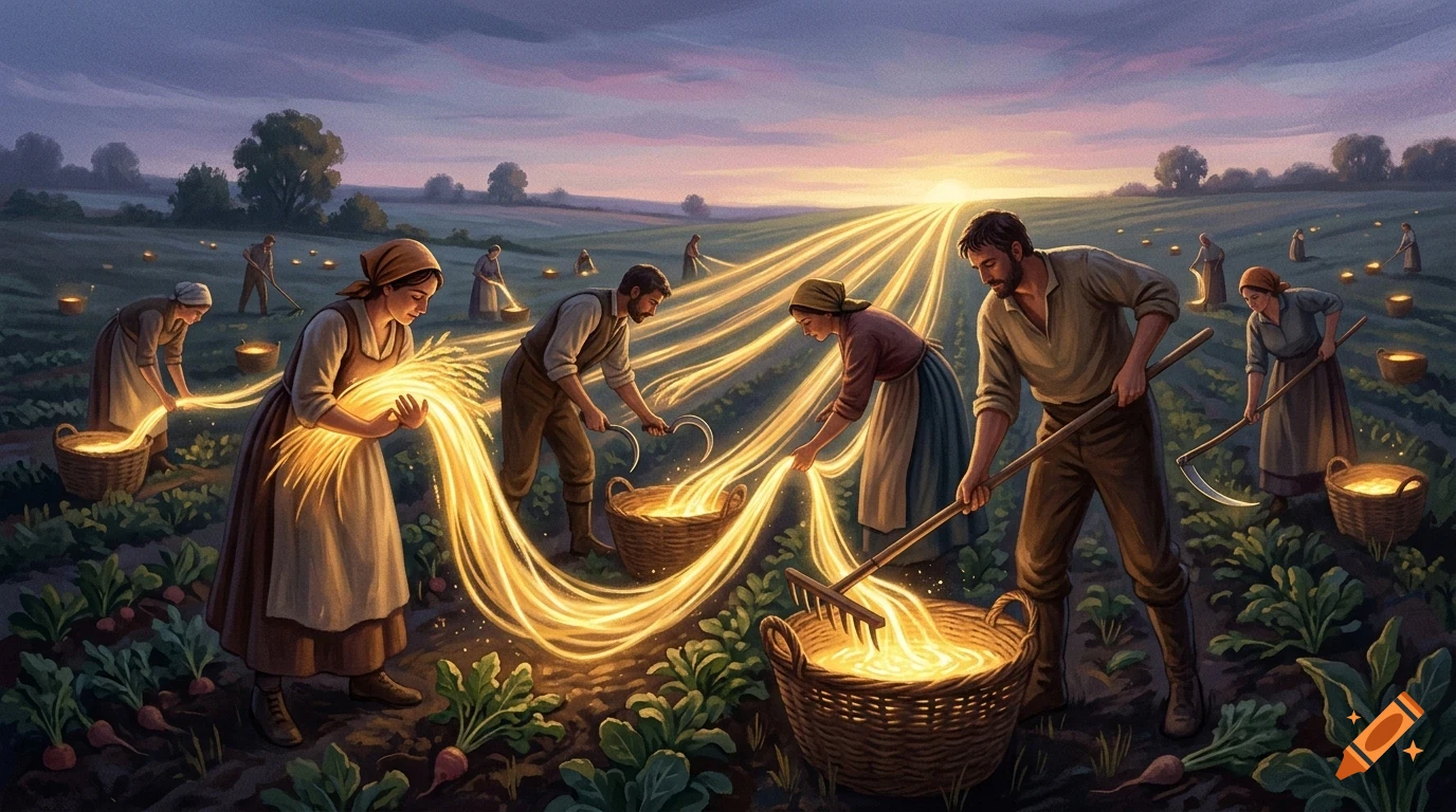 People harvesting glowing golden plants in a field at sunrise.