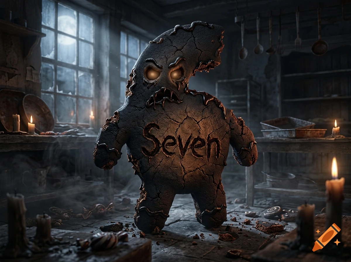 A creepy dark gingerbread figure with glowing eyes and the word Seven on its chest standing in a moody kitchen.