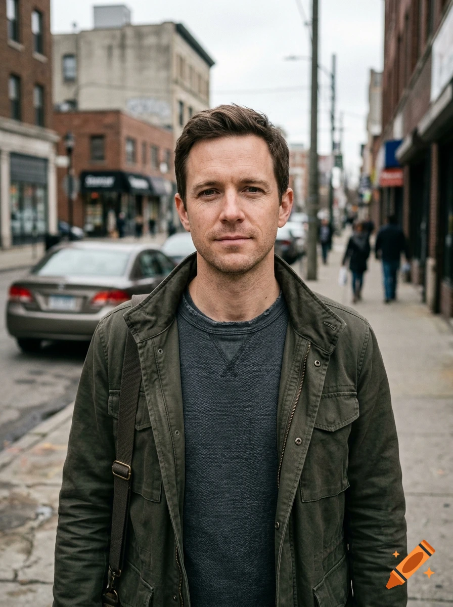 Photorealistic medium shot of a man standing on a city street, wearing a green jacket over a dark shirt.