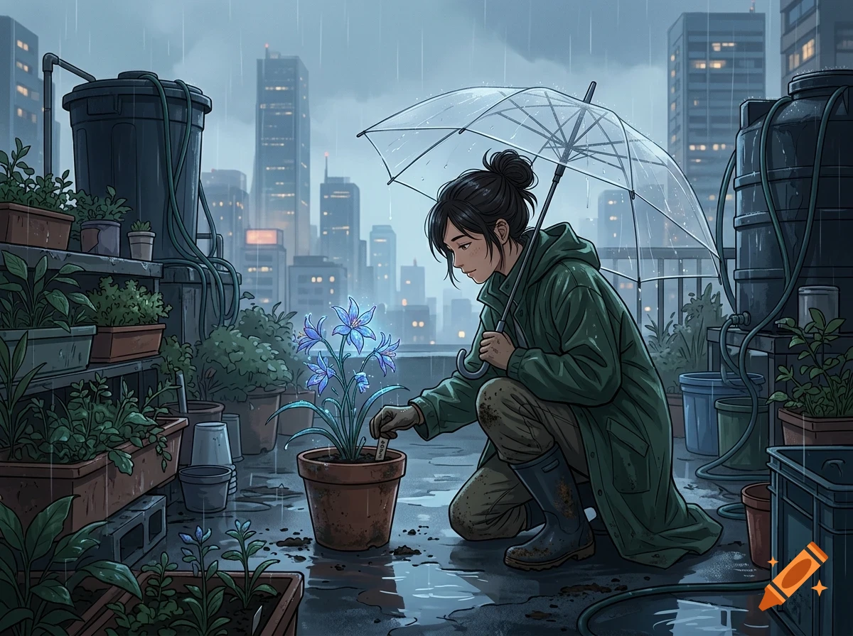 A person in a green raincoat crouches on a rooftop garden in the rain, holding a transparent umbrella and tending to a potted plant with glowing blue flowers amidst city skyscrapers.