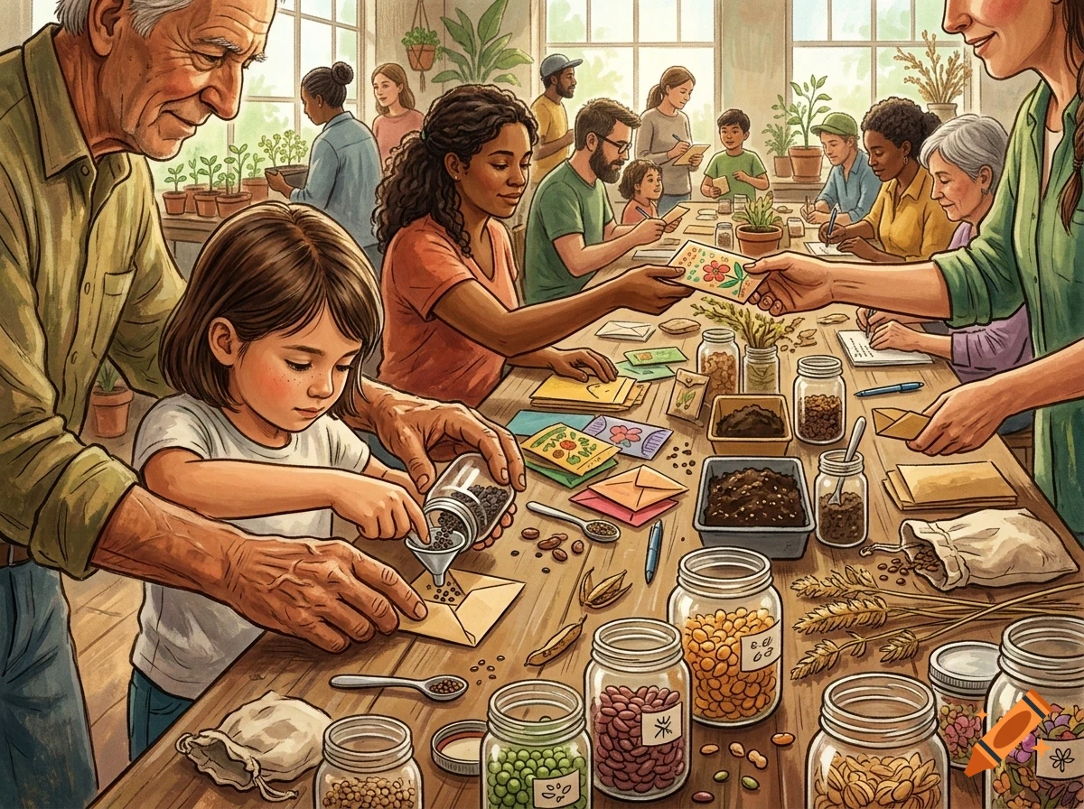An elderly man and a young girl pour seeds into packets at a long table inside a community gardening workshop, with other people working nearby.