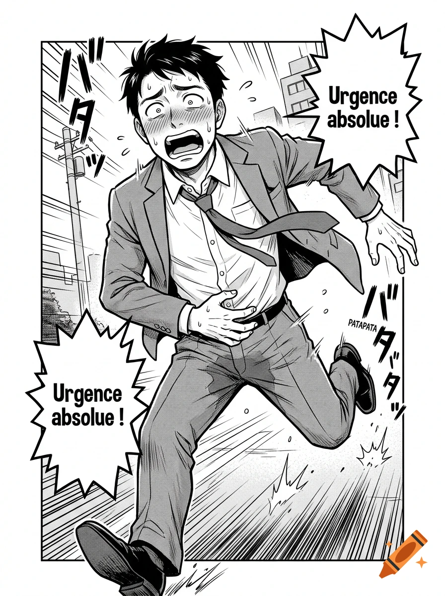 Black and white manga panel of a panicked businessman running frantically with wet trousers.