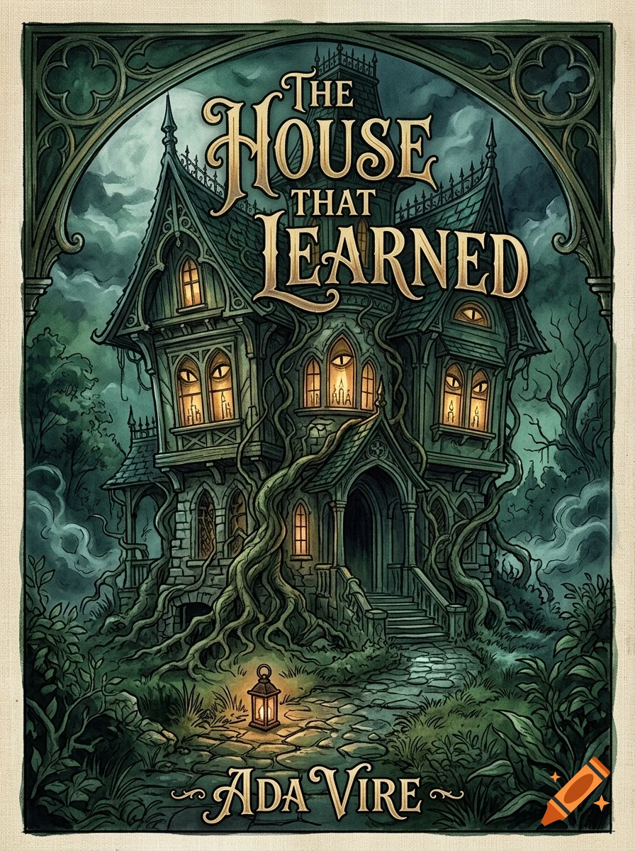 An illustrated book cover featuring a spooky, sentient Victorian house with lit windows resembling eyes, surrounded by gnarled vines and trees, with the title "The House That Learned" by Ada Vire.