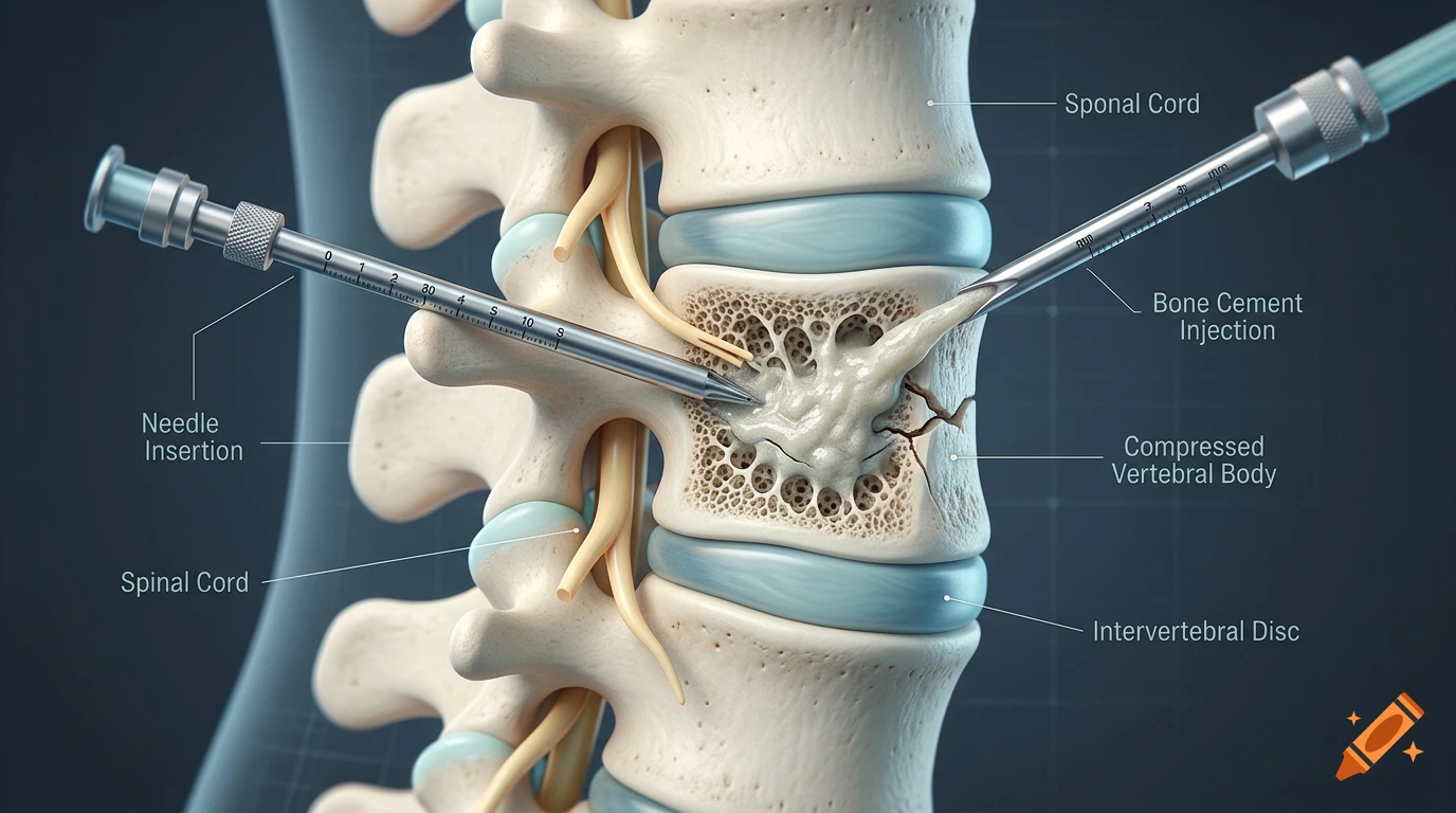3D medical illustration of a spine showing a vertebroplasty procedure with bone cement injection into a fractured vertebra.