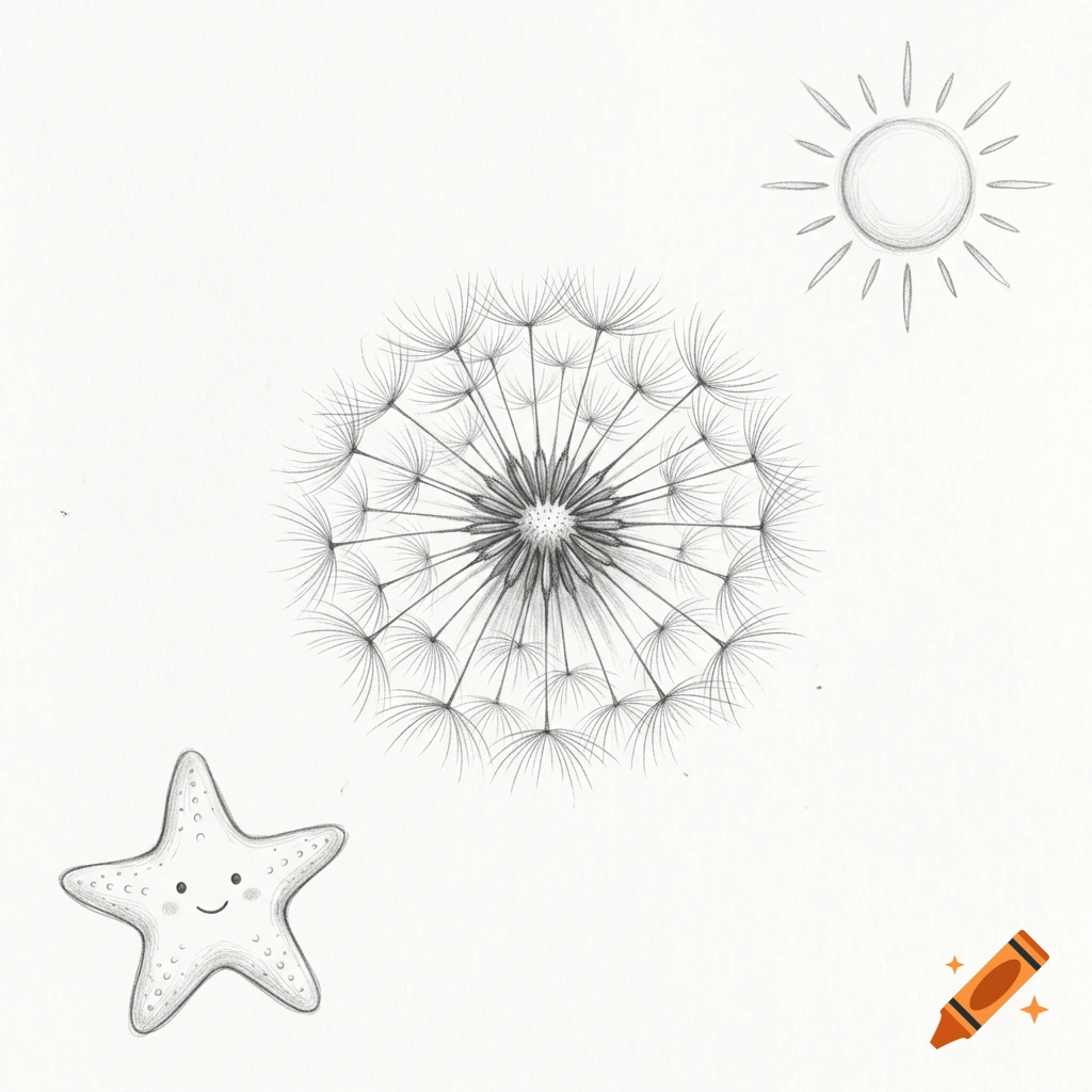 Pencil sketch of a dandelion fluff, a smiling starfish, and a sun on a white background.