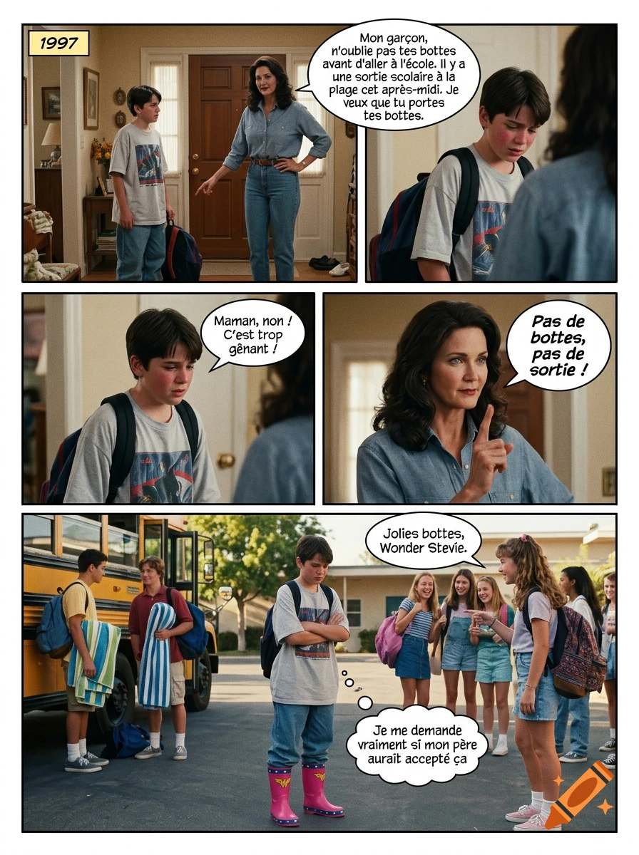 Comic book style photo panels showing a mother telling her son to wear pink Wonder Woman boots to school.