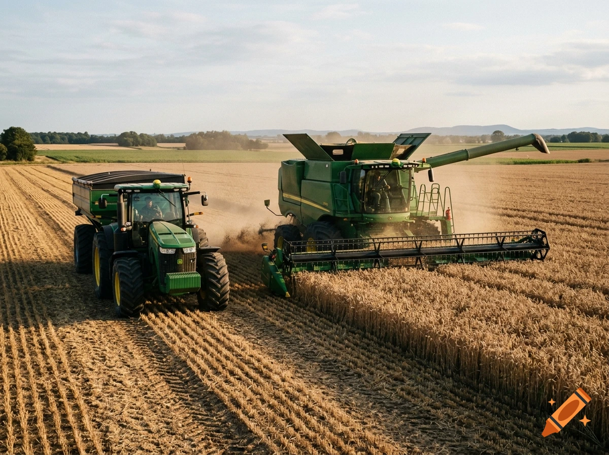 Photorealistic image of a John Deere tractor and a combine harvester working in a harvested wheat field.