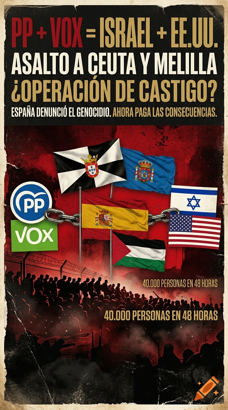 Political poster in red, black, and gold featuring flags, silhouettes of people, and Spanish text.