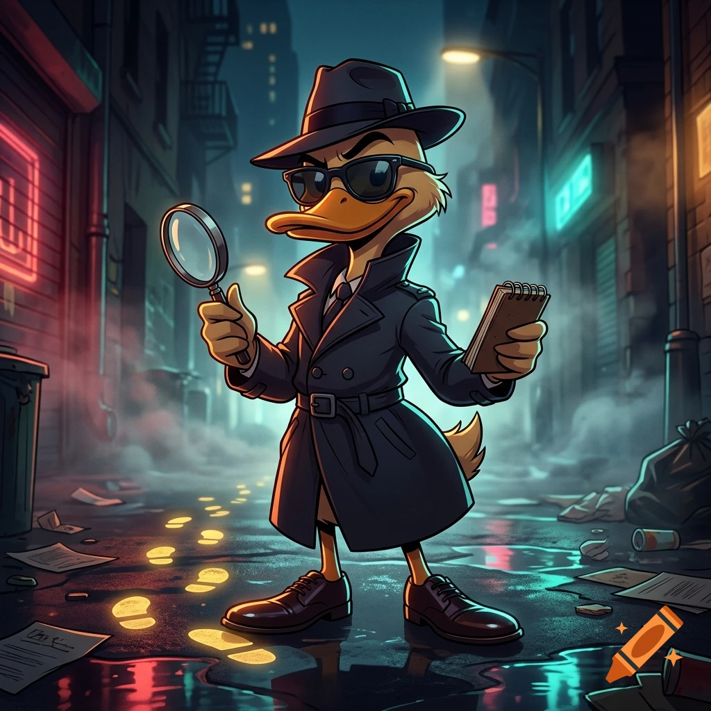 An animated cartoon duck wearing a trench coat, fedora, and sunglasses, holding a magnifying glass in a dark alleyway.