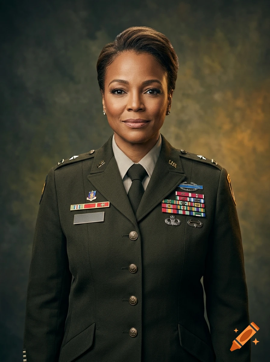 Photorealistic portrait of a female military officer in a green US Army service uniform.