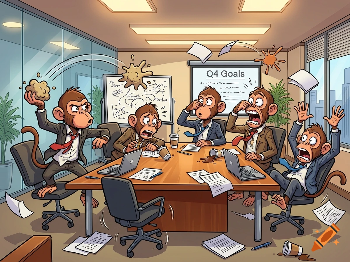 Cartoon illustration of five monkeys in business suits causing chaos in a boardroom, throwing feces and papers.