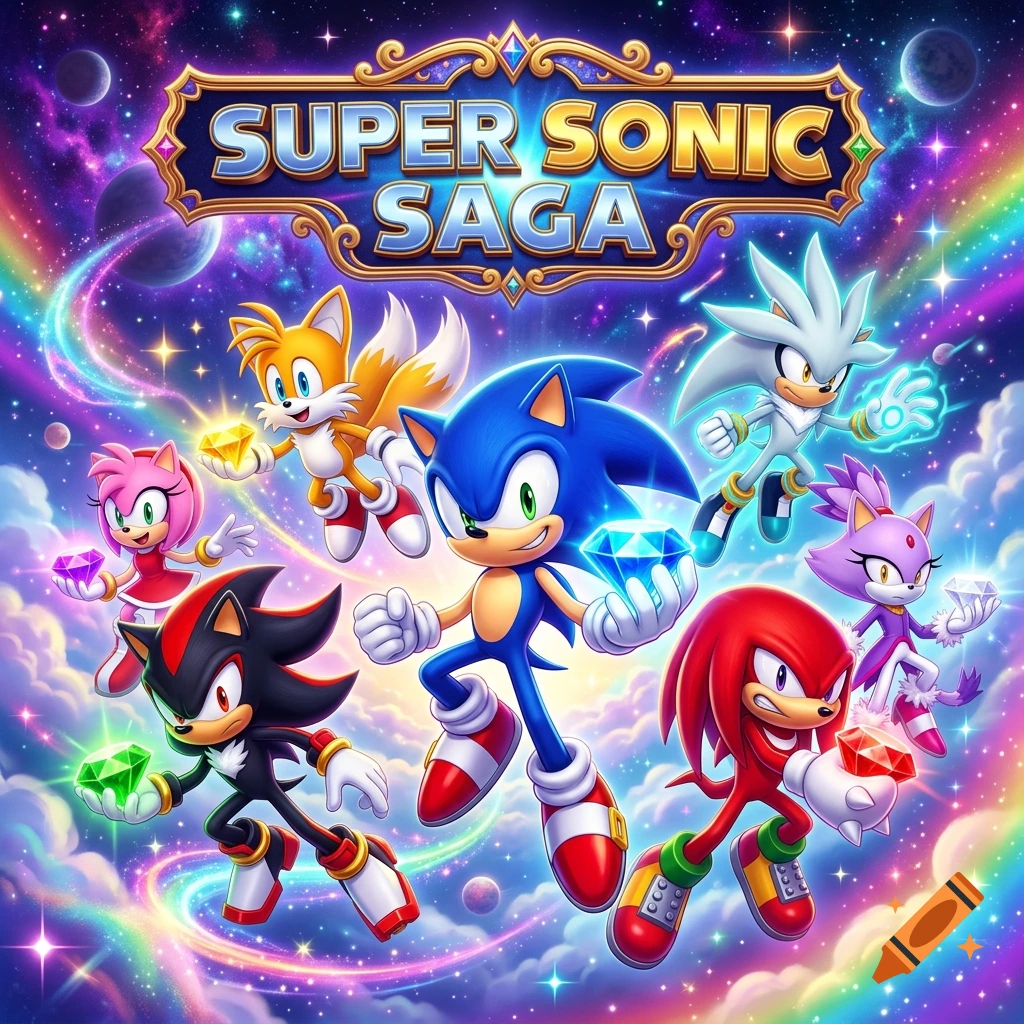 Digital illustration of Sonic the Hedgehog characters floating in space holding Chaos Emeralds, with text at the top.